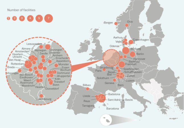 Une carte montre l'emplacement de 78 installations de consommation de drogues sûres en Europe.