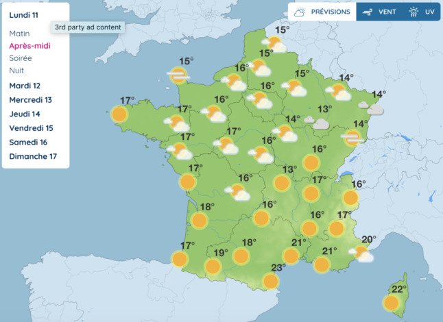 Les prévisions météorologiques de lundi de Météo France.