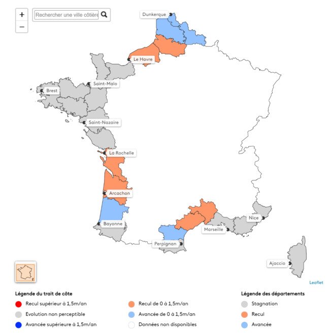 Carte montrant les départements (en orange) où le trait de côte moyen a reculé.