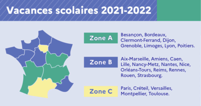 Une carte montre les différentes zones scolaires de France. 