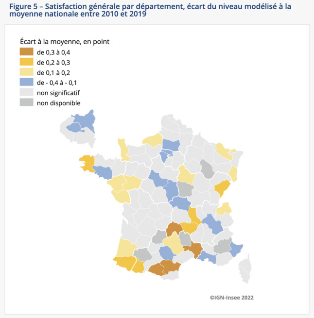 Une carte montre la qualité de vie auto-déclarée en France.