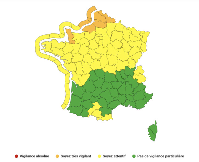 Certaines parties du nord de la France ont été placées en alerte orange. 