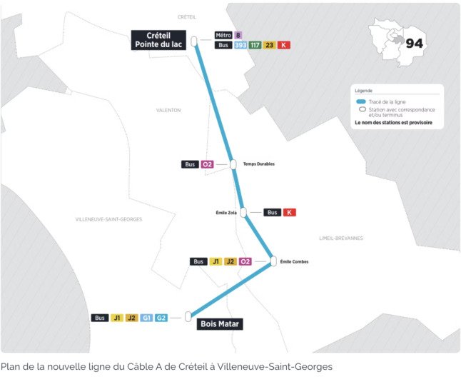 Une carte montre le tracé prévu d'un service de téléphérique dans le département du Val-de-Marne, en région parisienne.
